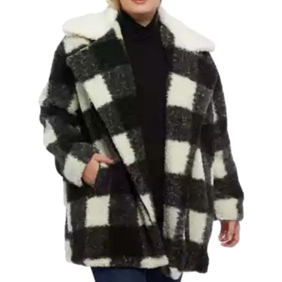 C&C California black and white Buffalo windowpane plaid teddy coat jacket plus 2 - Picture 1 of 9